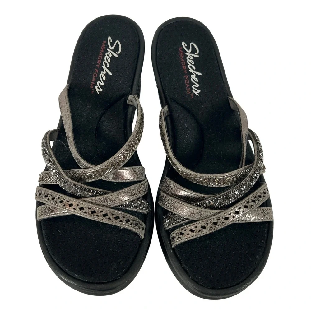 Skechers Rumblers Sci-Fi Wedge Sandals Pewter Metallic Strappy Rhinestone Size 7